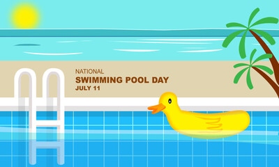 swimming pool with stainless steel ladders and yellow duck-shaped float tires (buoy) with beautiful beach views and bold text commemorating National Swimming Pool Day July 11
