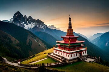 A serene Buddhist monastery nestled in the mountains, with prayer flags fluttering in the breeze - obrazy, fototapety, plakaty