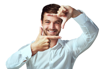 Happy man, portrait and hands in frame for photo isolated on a transparent PNG background. Male person or model with hand framing face with smile for profile picture, photography or capture moment