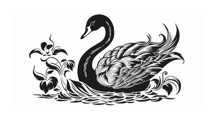 White swan silhouette, black and white design, white swan tattoo sketch, hand drawn black animal engraving, vector illustration, SVG, great for t-shirt, mug, birthday card, wall sticker, sticker, iron