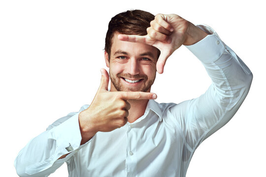 Happy man, portrait and hands in frame for photo isolated on a transparent PNG background. Male person or model with hand framing face with smile for profile picture, photography or capture moment