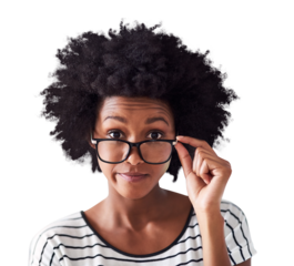 Glasses, looking and african woman in portrait isolated on transparent, png background for optometry, mistake or news. Face, check and young person, model or student surprise for eye care promotion