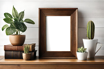 Boho style vertical empty photo frame, dark wood frame mockup, wooden sign mock-up for portrait artwork, bohemian interior, books, plant on white shelf