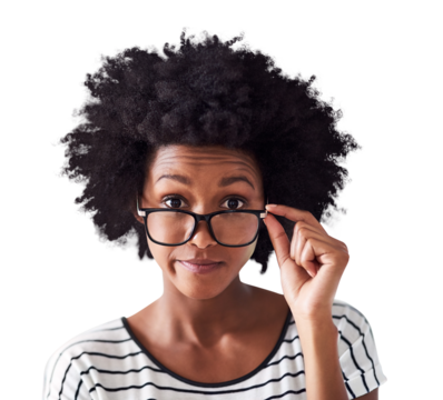 Glasses, looking and african woman in portrait isolated on transparent, png background for optometry, mistake or news. Face, check and young person, model or student surprise for eye care promotion