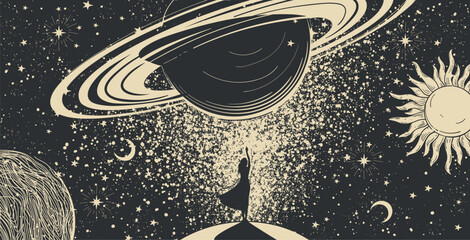 Astrology, horoscope mystical banner. Silhouette of a woman on a black space background touching the planet, the concept of science, esotericism, travel. Celestial vector illustration isolated