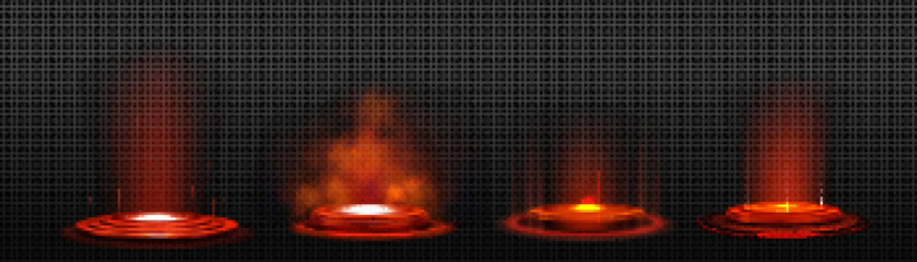 3d circle podiums with neon light. Futuristic stages with red glow effect, rays and smoke. Abstract round pedestals for tech and digital products presentation, vector realistic set © klyaksun