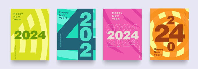 Set Modern Numbers 2024 Year. Happy New Year 2024 and Merry Christmas.  Background in the Green, Pink, Orange, Turquoise Colors. Abstract Vector Illustration for the New Year for Banner, Poster, Card.