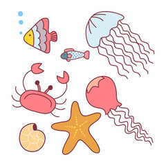 Cute sea creatures and animals flat vector icons isolated on a white background. Jellyfish, crab, shell, starfish. Kawai style