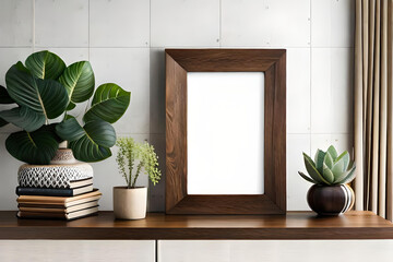 Boho style vertical empty photo frame, dark wood frame mockup, wooden sign mock-up for portrait artwork, bohemian interior, books, plant on white shelf