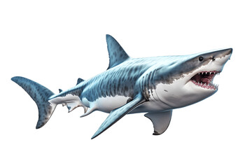 Obraz premium Dangerous marine great white shark swimming in the ocean isolated on transparent background. AI Generated