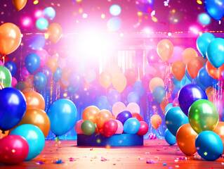 Fototapeta na wymiar Birthday party stage with colorful balloons arrangement - ai generative