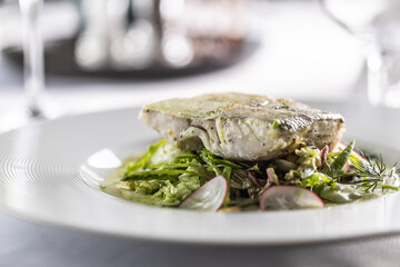 Fillet of cog with greens salad and wine sauce in a plate