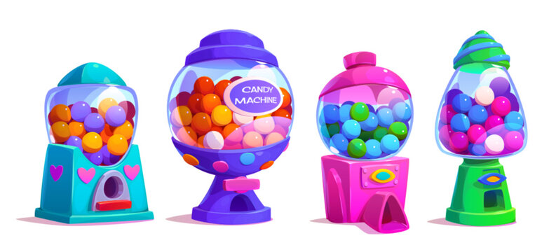 Gashapon candy vending machine toy with gum ball vector. Vintage isolated bubblegum plastic dispenser for random chewing sweet food. Different cartoon full robot of chew bubble with label ui asset