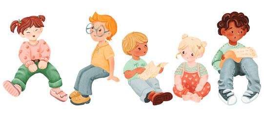 A set of cartoon kids are sitting. red-haired, dark-skinned boys looks at the todolist. blonde tourist is sitting with map. barefoot. pretty smiling in jeans. Watercolor isolated illustration.