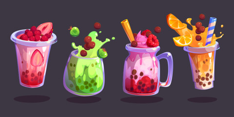 Tea bubble beverage with milk and tapioca vector. Summer boba ice drink in cup with fruit, berries and splash illustration. Isolated delicious milkshake and smoothie dessert clipart for cafe menu.