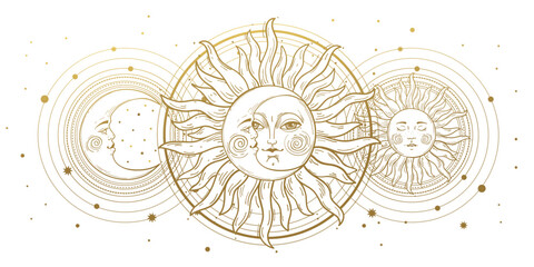Magic banner for astrology, divination, magic. Golden crescent and sun with a face on a white background. Esoteric vector isolated illustration, tattoo, mystical pattern. - obrazy, fototapety, plakaty