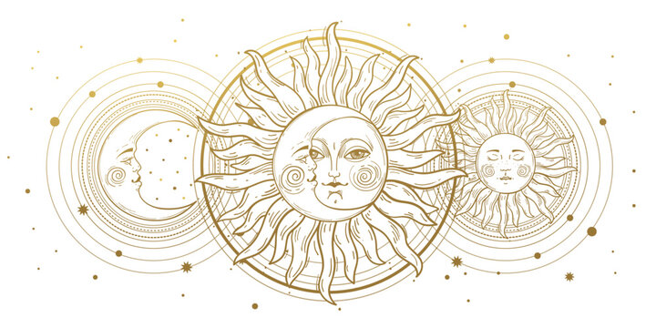 Magic banner for astrology, divination, magic. Golden crescent and sun with a face on a white background. Esoteric vector isolated illustration, tattoo, mystical pattern.