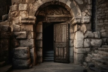 Fototapeta na wymiar Isolated ancient door with stone arch and surrounding wall. Generative AI