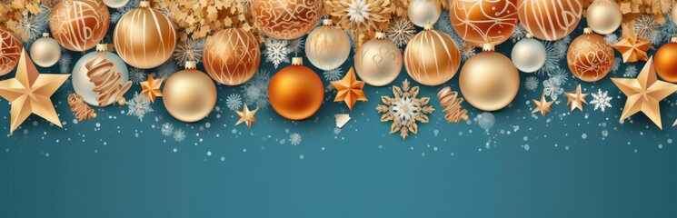 Fototapeta premium Christmas decor background with place for text, Bright color, ultra realistic Merry Christmas and Happy Holidays greeting card, frame, banner. New Year. Winter xmas holiday theme. Generative AI