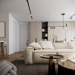 beautiful apartment, living room mock up in scandinavian style, modern room interior background, 3d rendering