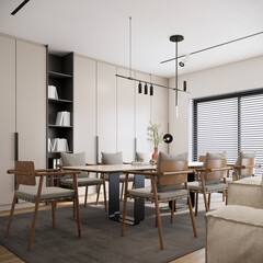 3d rendering  of dining room ideas, modern scandinavian apartment interior design.