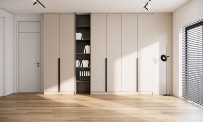 Modern empty interior, scandinavian apartment ideas, blank room with parquet floor. 3d rendering