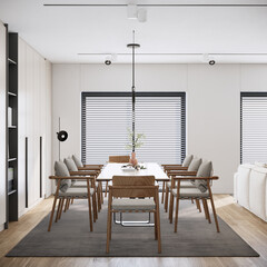 3d rendering  of white dining room ideas, modern scandinavian apartment interior design.