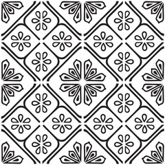 Vector tile pattern, Lisbon floral mosaic, Mediterranean seamless black and white ornament, seamless black and white tile pattern design
