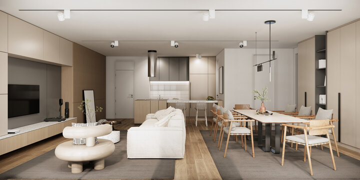 new modern scandinavian apartment, white color room ideas. 3d rendering interior design