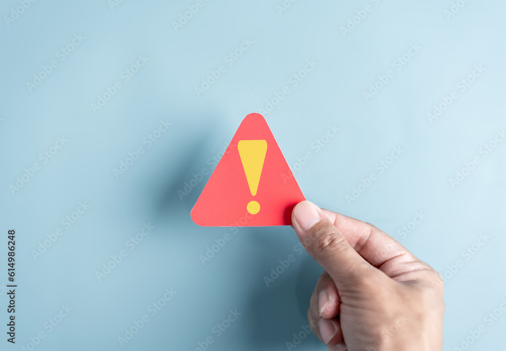 Poster System warning caution sign symbol paper cut out. Notification error and maintenance concept. cyber attack on computer network. Cybersecurity vulnerability, data breach, illegal connection.