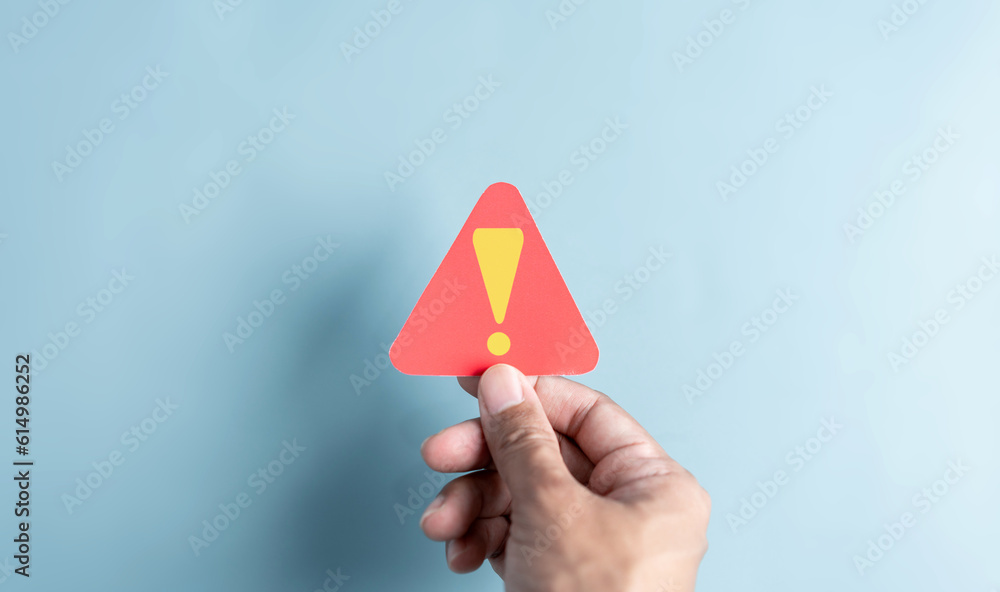Poster System warning caution sign symbol paper cut out. Notification error and maintenance concept. cyber attack on computer network. Cybersecurity vulnerability, data breach, illegal connection.