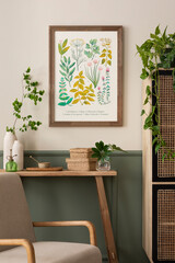 Botanic living room interior with mock up poster frame, wooden bench, plants, gray armchair, rattan sideboard, vase with leaves, sprinkler, braided box and personal accessories. Home decor. Template.