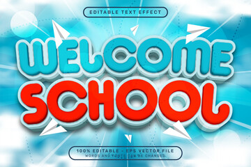 welcome school 3d text effect and editable text effect with light and cloud illustrations