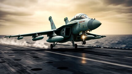 Fighter jet fighter, Fighter jets are taking off from an aircraft carrier. - obrazy, fototapety, plakaty