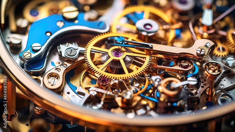 Poster Clock mechanism with gears, Gears and cogs in clockwork watch mechanism, Craft and precision.