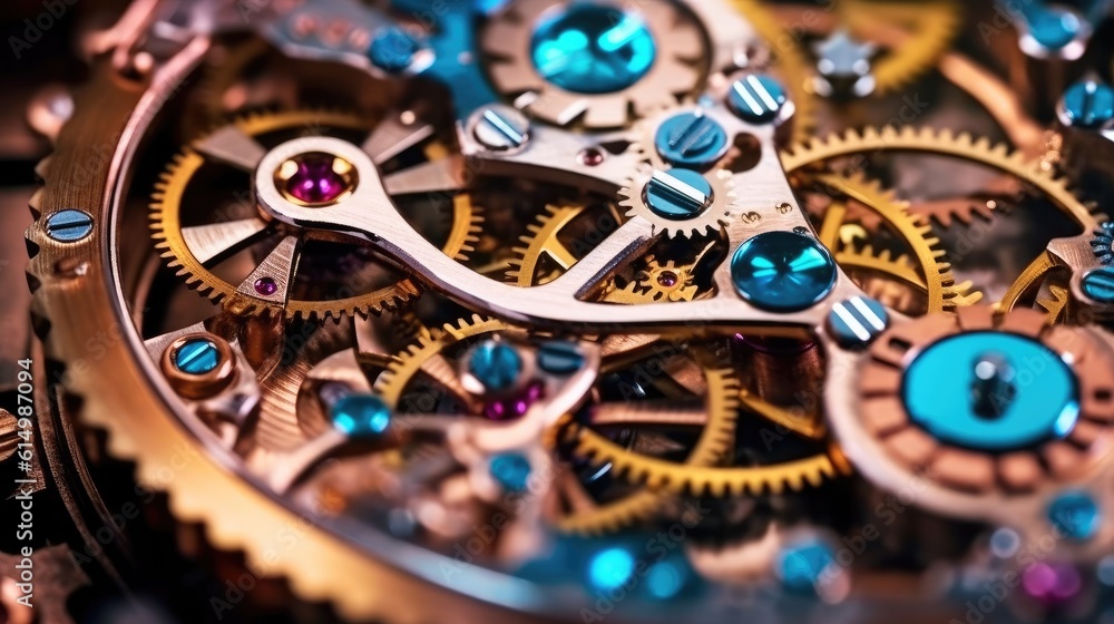 Poster mechanical cogwheels of a watch, gears and cogs in watch mechanism.