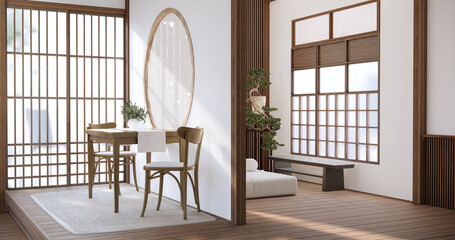 Japanese room dining table on wood floor.