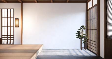 Japan style empty room decorated with white wall and wood slat wall