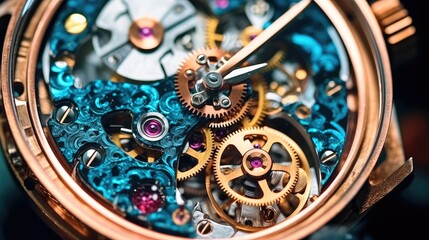 Clockwork watch mechanism macro lens, Clock mechanism with gears