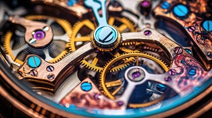 Fototapeta na wymiar Clockwork watch mechanism macro lens, Clock mechanism with gears