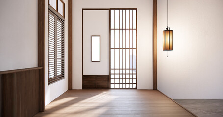 Fototapeta premium Japan style empty room decorated with white wall and wood slat wall