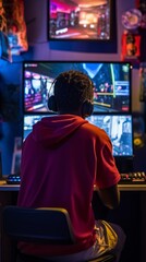 Obraz premium Young black gamer is immersed in computer games with bright neon lighting. Generative AI