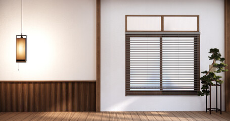 Japan style empty room decorated with white wall and wood slat wall