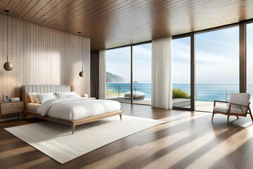 serene coastal bedroom with a canopy bed draped in sheer white curtains, a large window overlooking a tranquil beach