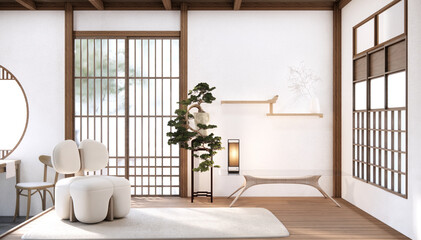White Sofa japanese on room japan tropical desing and tatami mat floor.