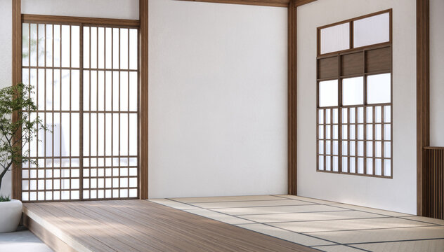 Japan style empty room decorated with white wall and wood slat wall