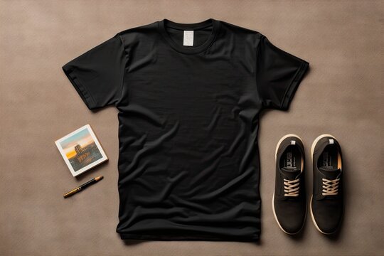 Shirt Mockup, Black T-Shirt On The Floor For Product Placement