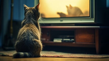 A cat is watching TV in a dark empty room. Generative AI
