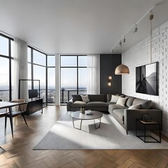 luxury studio apartment with a free layout in a loft style in dark colors. Stylish modern kitchen area with an island, cozy bedroom with a living area. Generative AI