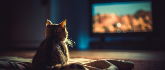 A cat is watching TV in a dark empty room. Generative AI
